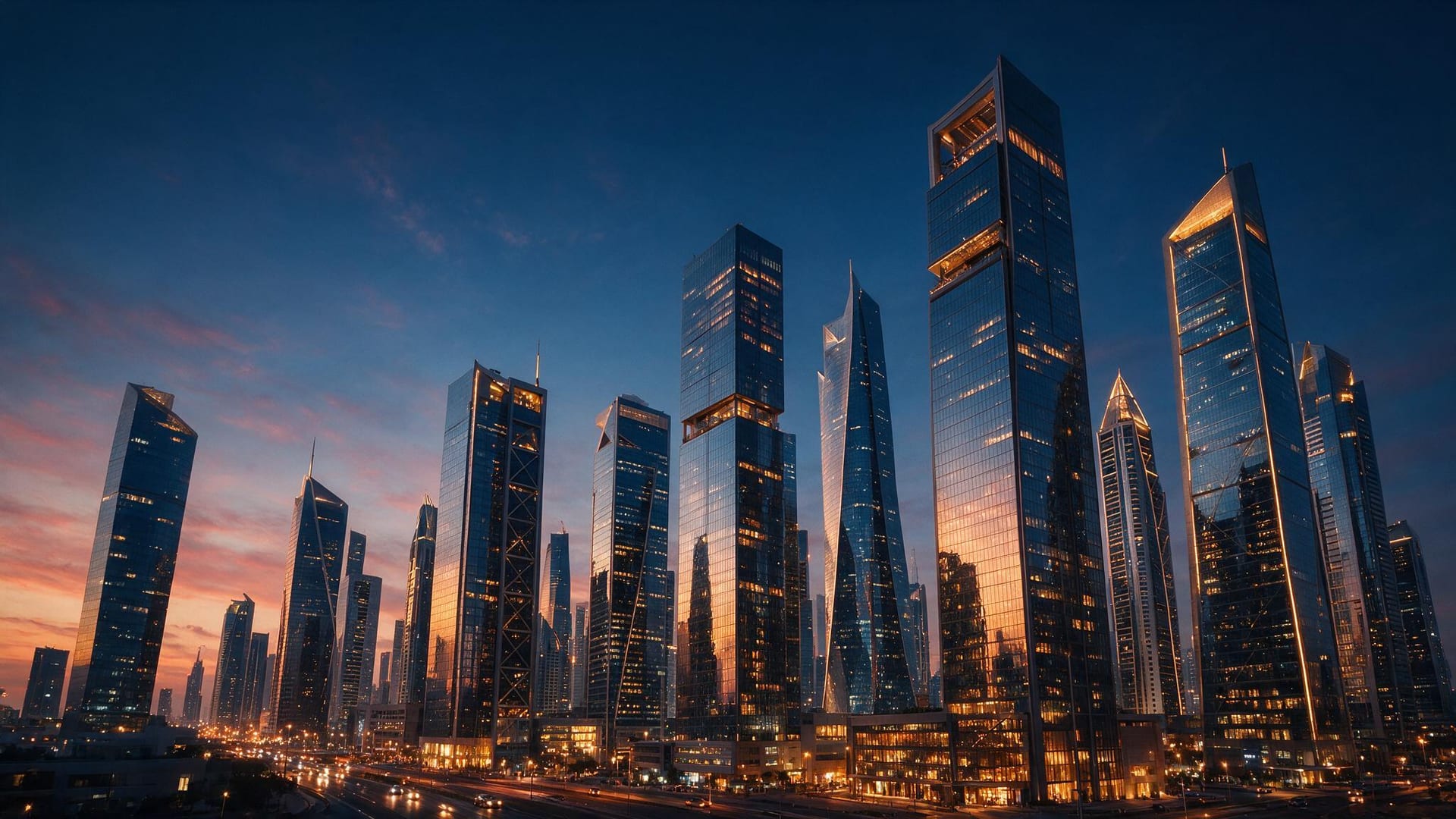 Modern financial skyline at dusk
